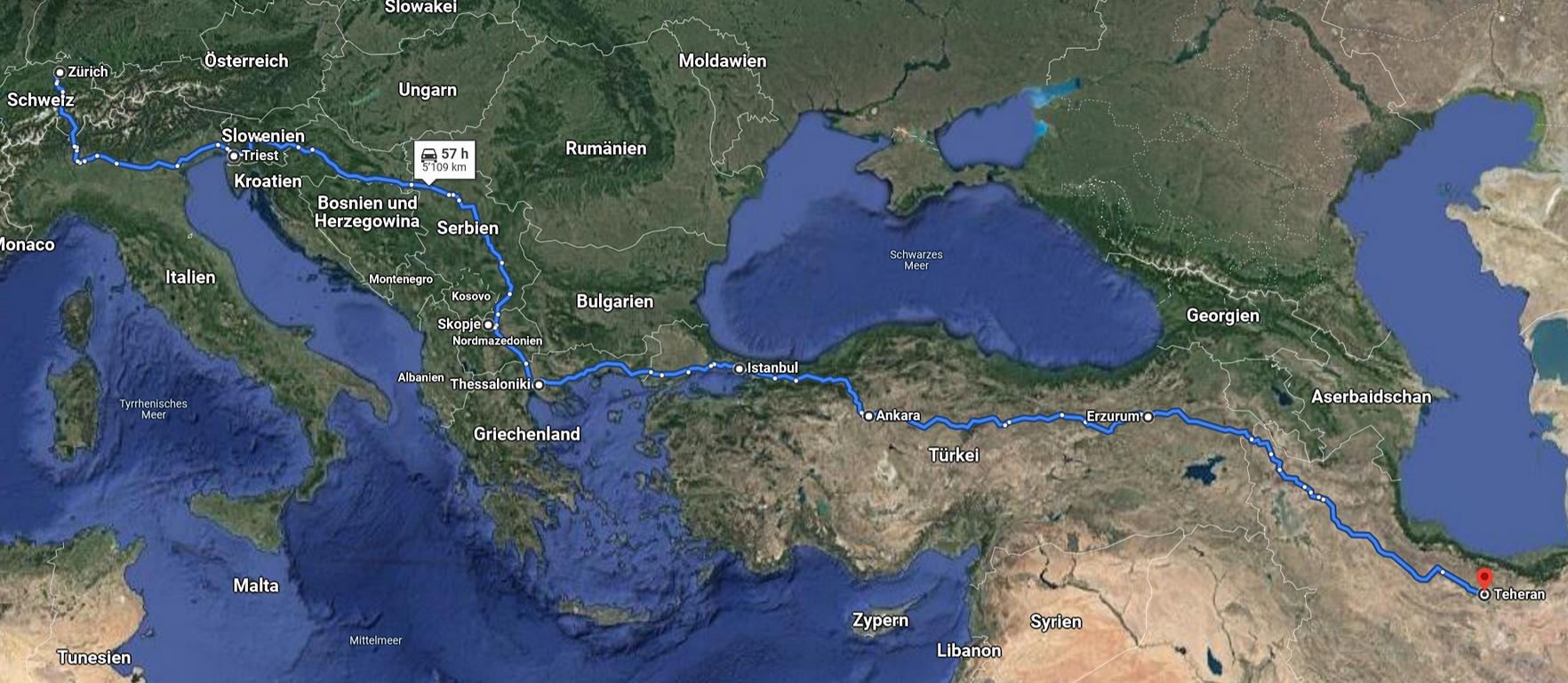 Route Part 1: from Zurich to Tehran